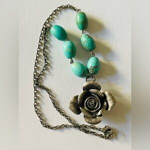 Southwestern Turquoise colored Beaded Necklace with Silver Rose Pendant
